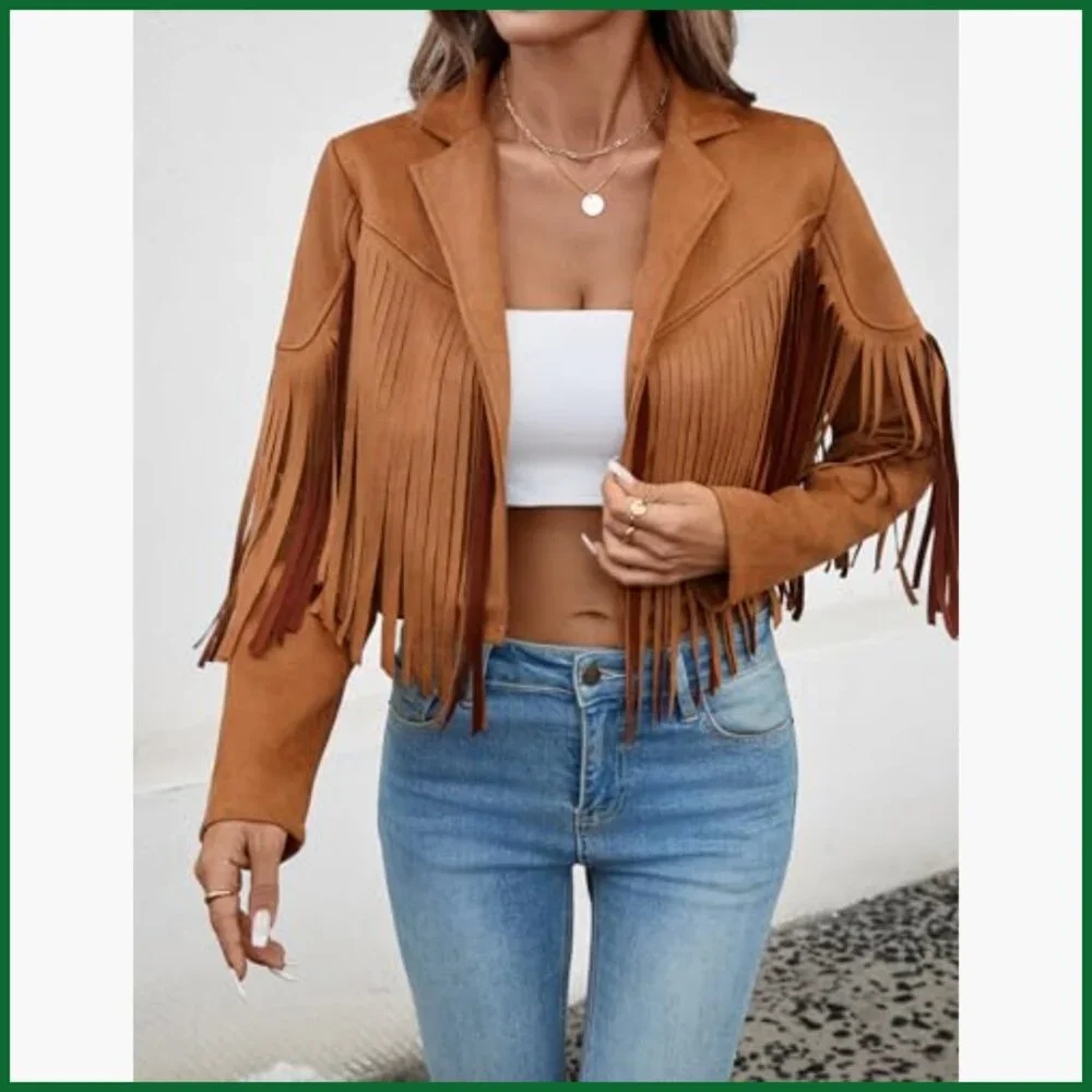 Faux Suede Leather Tassel Jacket with Fringe Cropped Western Style - Picture 3 of 7